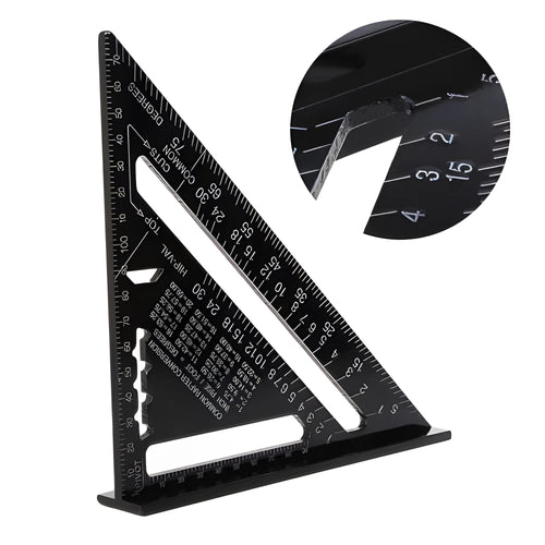 Black aluminium triangle ruler square showing 90-degree and 45-degree angles with measurement markings