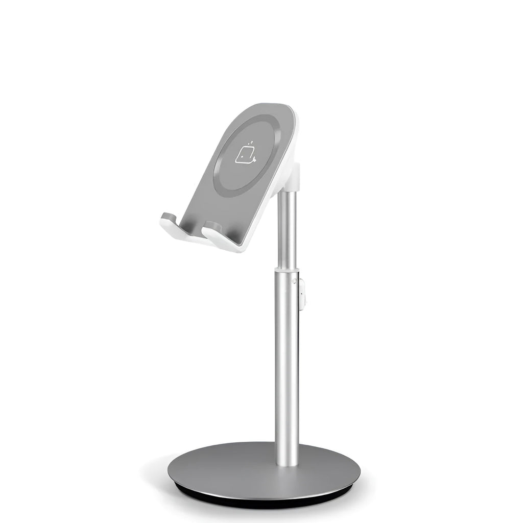 Silver metal computer phone holder stand for smartphones and tablets on a desktop.