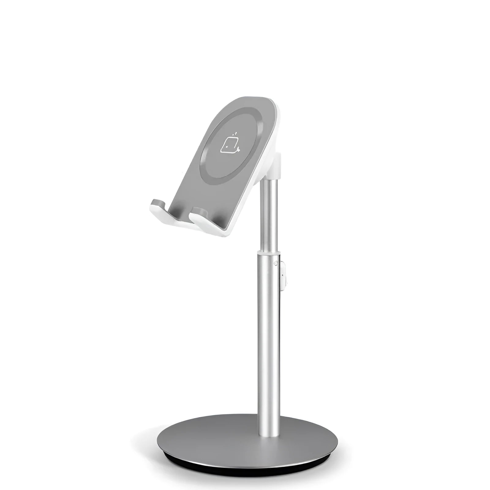Silver metal computer phone holder stand for smartphones and tablets on a desktop.