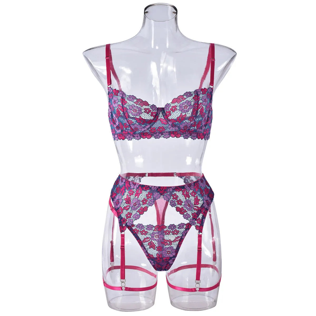Rose red women's two-piece bikini with embroidered contrast detail on a mannequin.