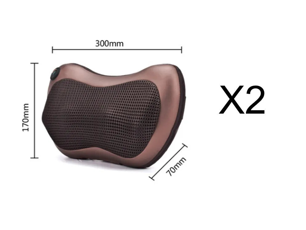 Electric neck massage pillow, coffee colour, 33x29x11cm, with infrared therapy and kneading rollers for home and car use.