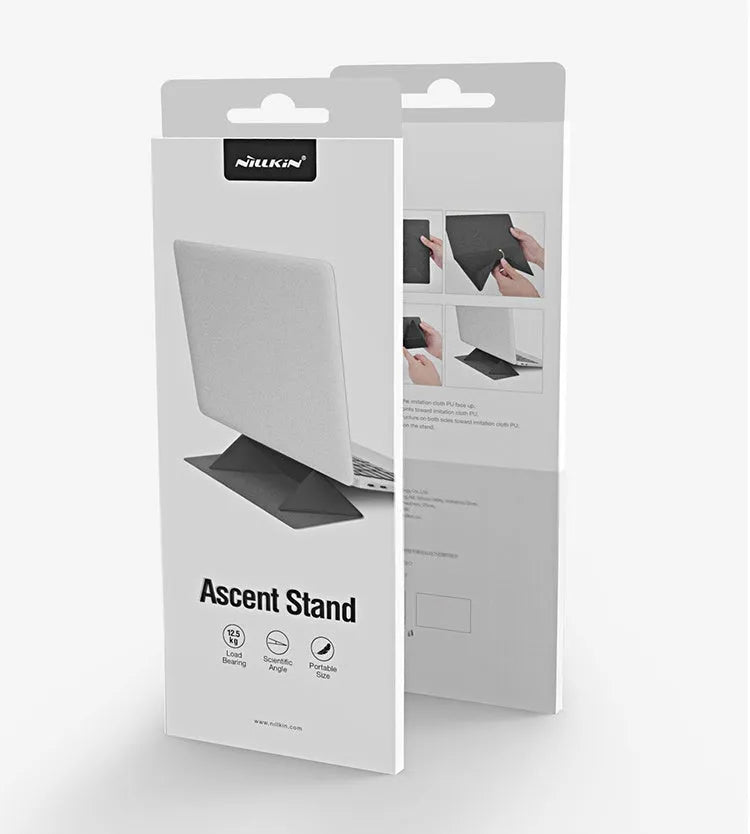 Blue portable laptop cooling bracket with anti-slip surface, shown open in use and folded for storage.