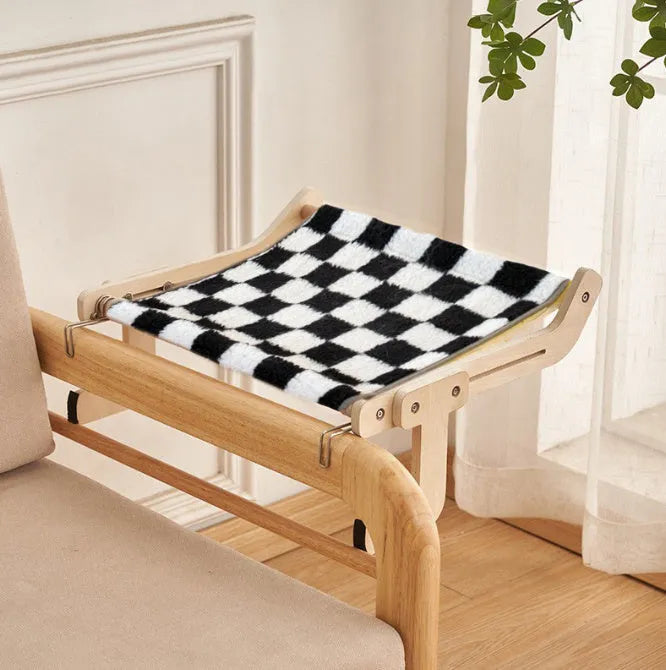 Cat hanging bed with wooden frame in grey powder colour, size 470x395x215mm