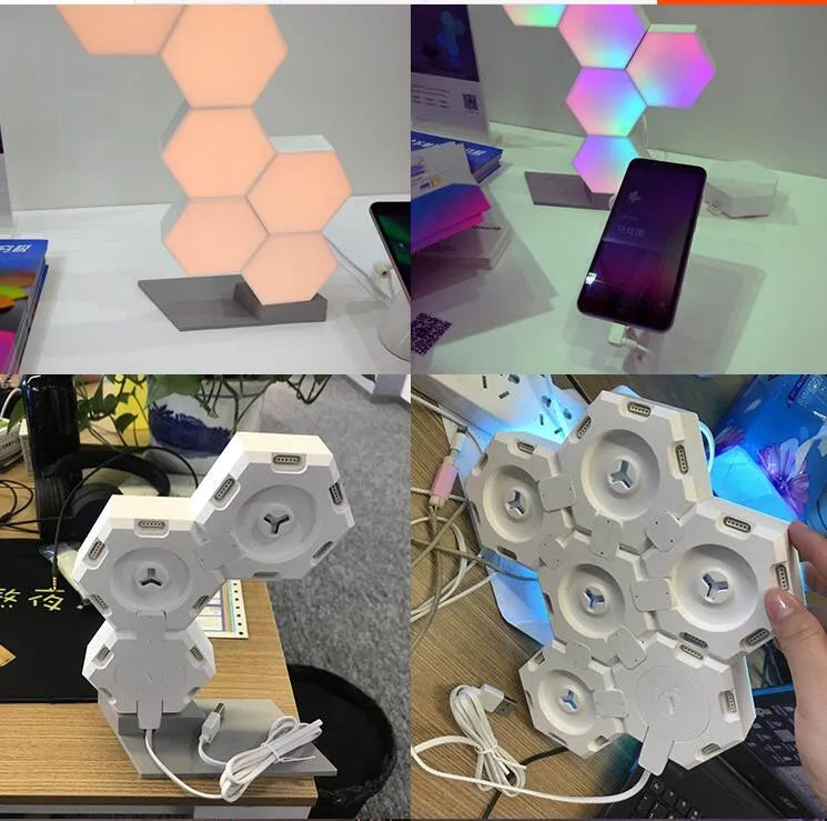 Smart home quantum lamp with controller and three colourful light blocks for indoor use