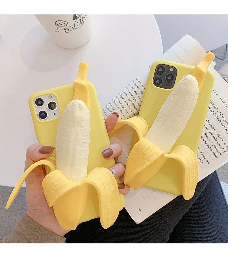 Yellow banana-shaped silicone phone case with unzip feature for iPhone protection