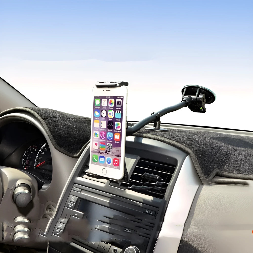 Black lifting-style car tablet holder with suction cup, holding a large tablet.