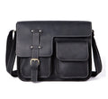 Brown genuine leather vintage messenger bag with adjustable strap, shown open to reveal internal zippered and padded pockets.