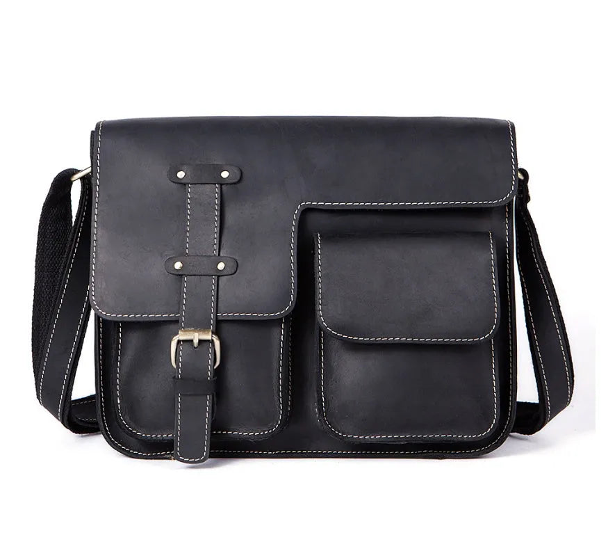 Brown genuine leather vintage messenger bag with adjustable strap, shown open to reveal internal zippered and padded pockets.