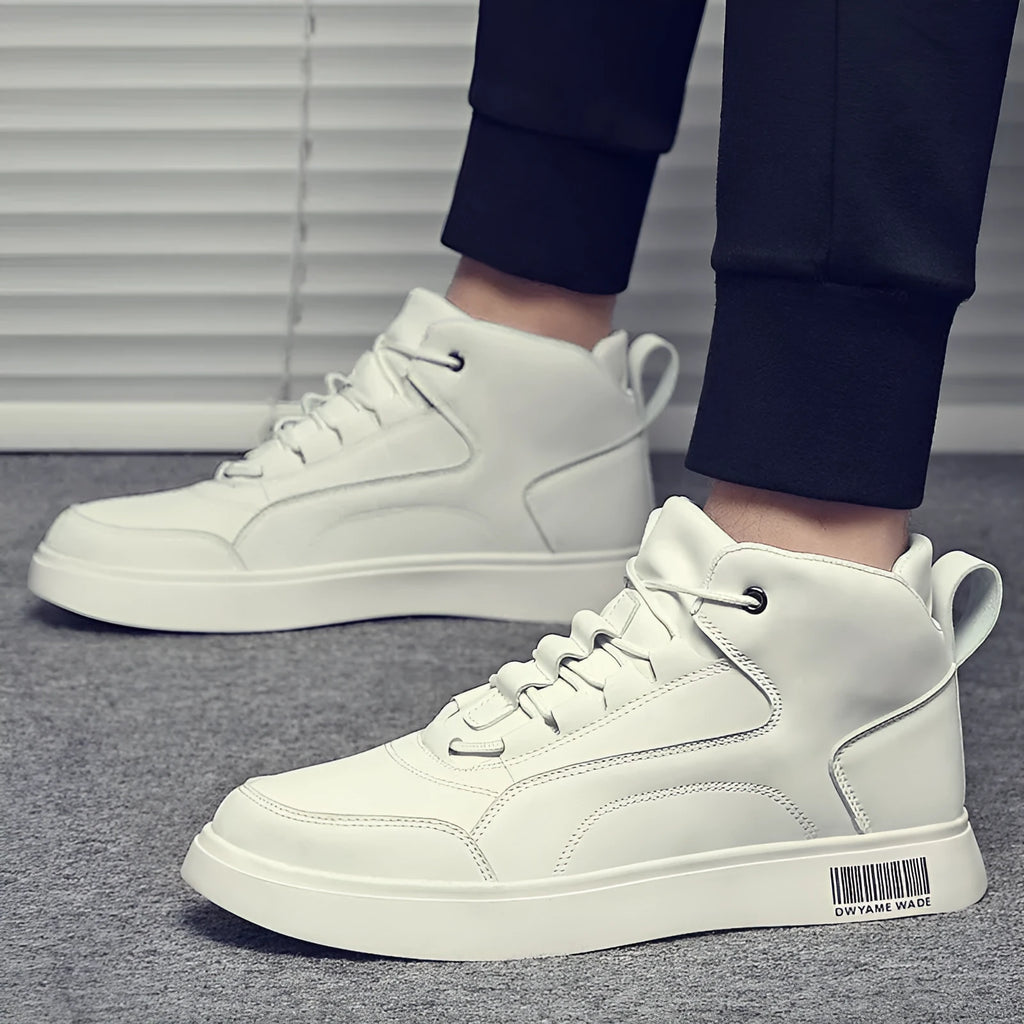 Men's white mid-top casual lace-up trainers with a round toe and flat rubber sole.