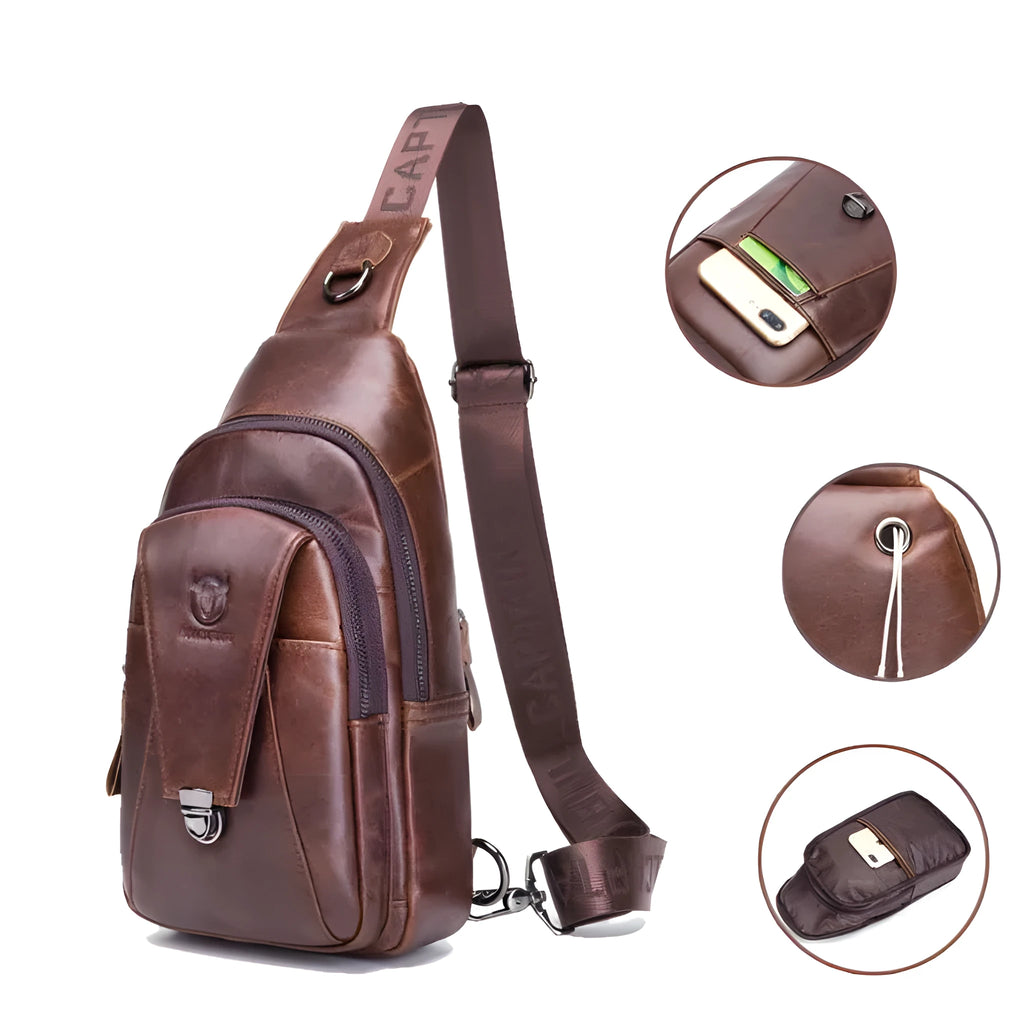 Men genuine leather crossbody bag brown first layer cowhide with 30cm height and 18cm width
