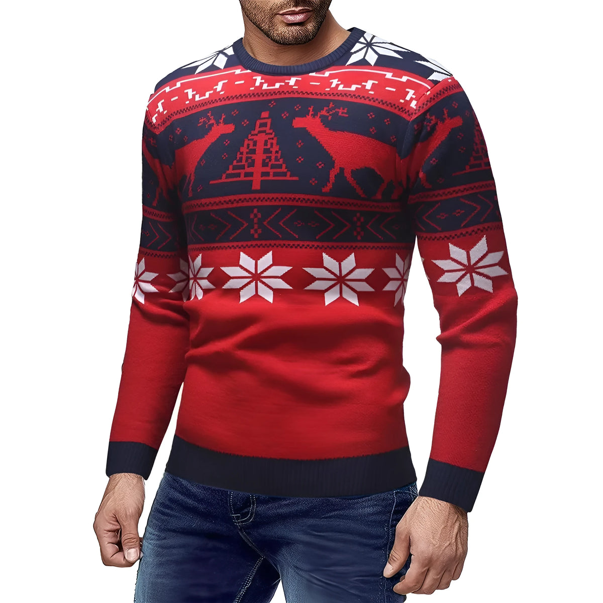 Christmas fawn sweater, slim fit round neck, mohair blend, Korean style print, black or red