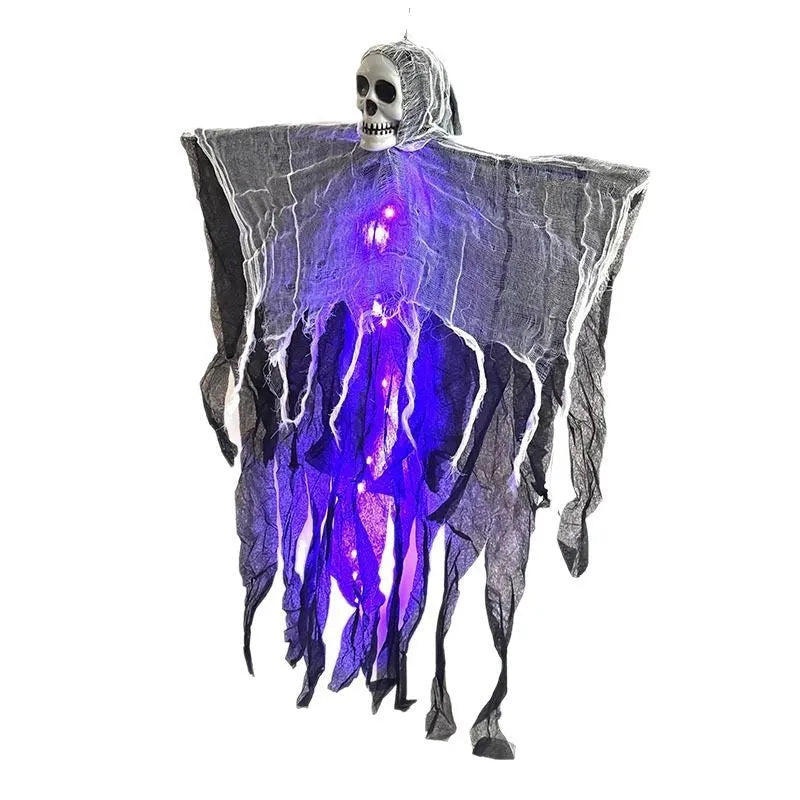 85cm hanging ghost Halloween decoration in warm colour with skull face, made from plastic, wrought iron, foam and cloth