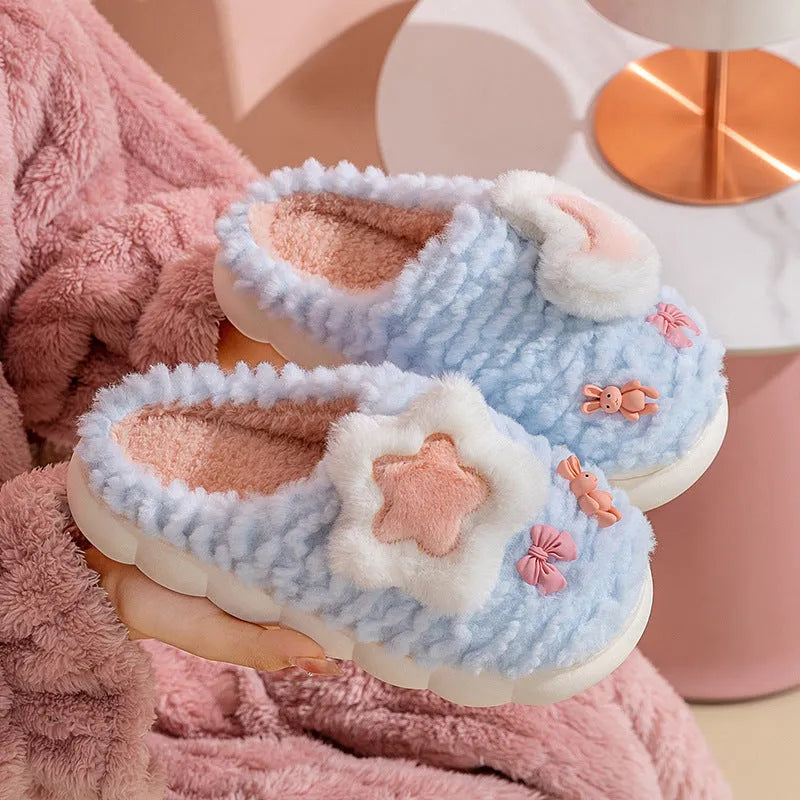 Women's light blue animal pattern fleece-lined home slippers with round toe holder and decorative flowers
