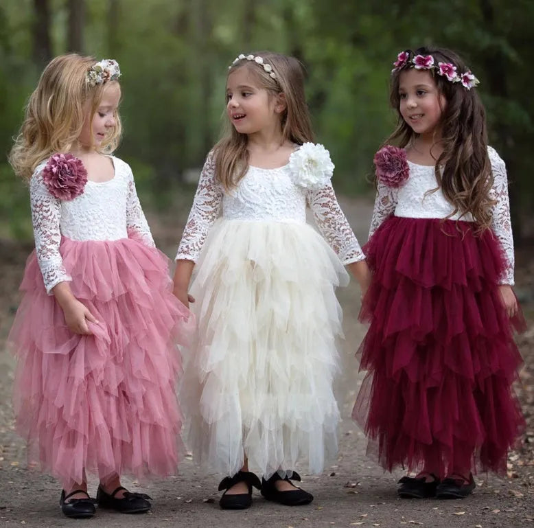 Children's white hollow lace long-sleeved princess dress cotton blend for autumn and winter