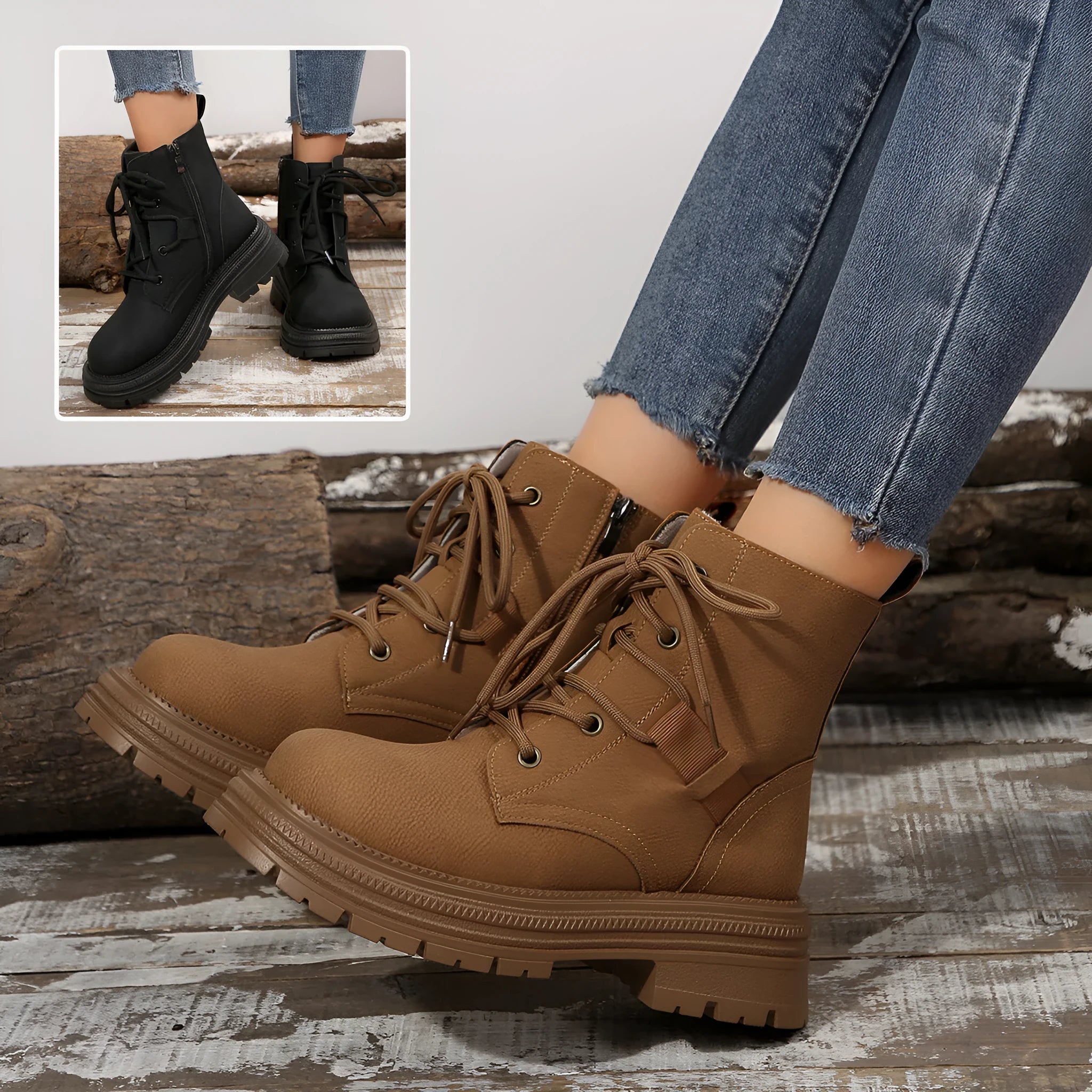 Women's square-heel lace-up ankle boots in black and brown with microfiber upper and rubber sole