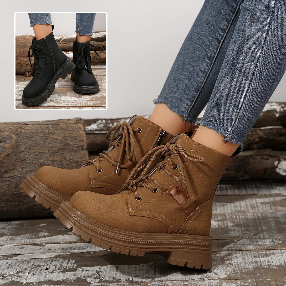 Women's square-heel lace-up ankle boots in black and brown with microfiber upper and rubber sole