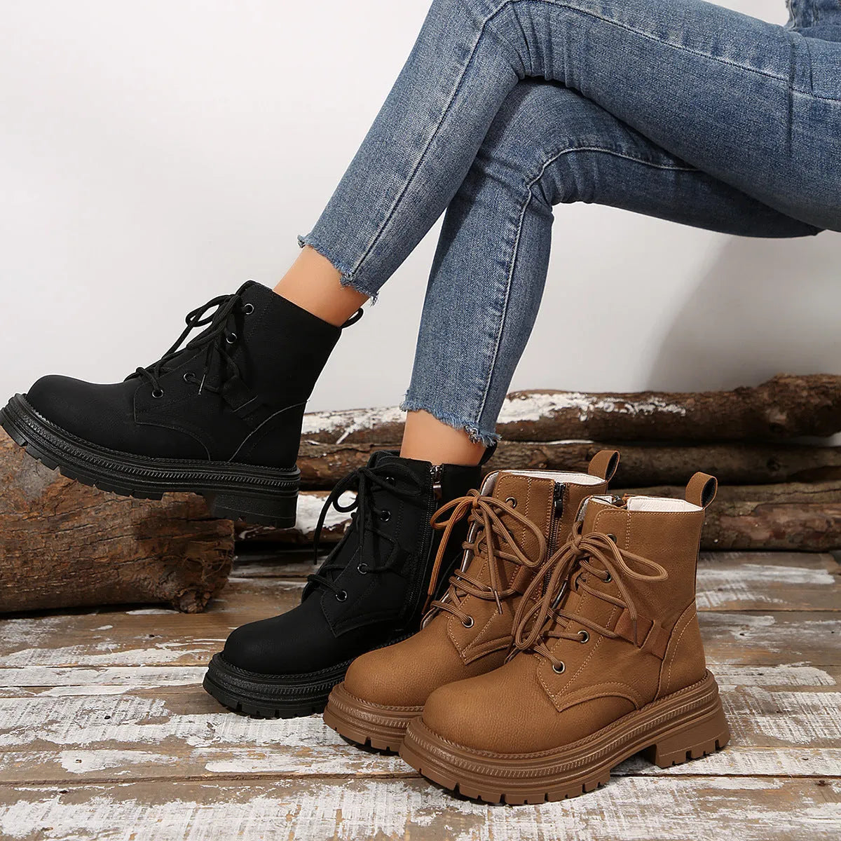 Women's square-heel lace-up ankle boots in black and brown with microfiber upper and rubber sole