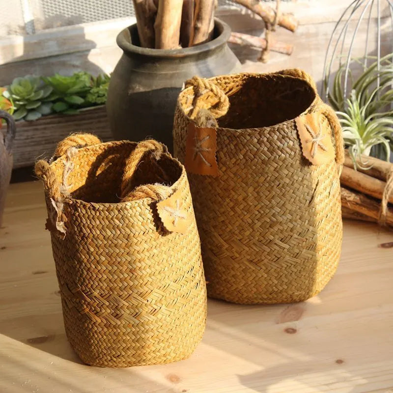 Hand woven seagrass basket in natural brown, multipurpose storage for fruits and vegetables, two sizes available