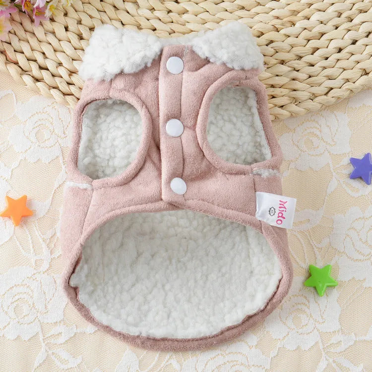 Teddy dog clothes costume in lamb velvet, available in brown or pink, sizes XS to XL.