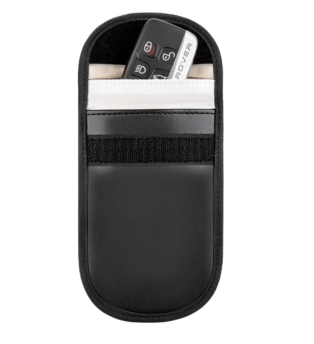 Black microfiber Faraday pouch for blocking car key fob and mobile phone signals.
