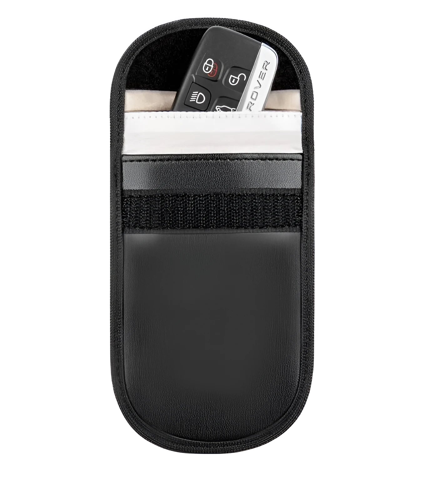 Black microfiber Faraday pouch for blocking car key fob and mobile phone signals.