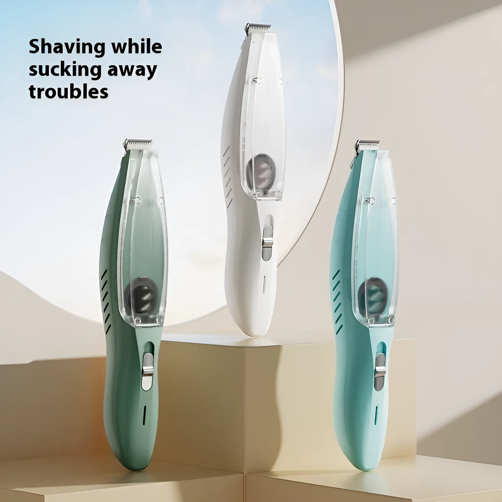 Pet shaver with vacuum cleaner in blue, green and white, with ABS plastic body and stainless steel blade for low-noise cat and dog grooming