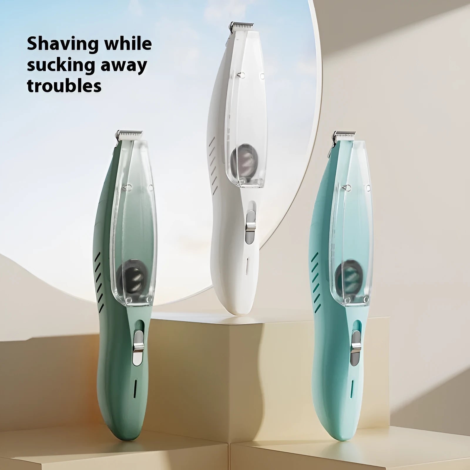 Pet shaver with vacuum cleaner in blue, green and white, with ABS plastic body and stainless steel blade for low-noise cat and dog grooming