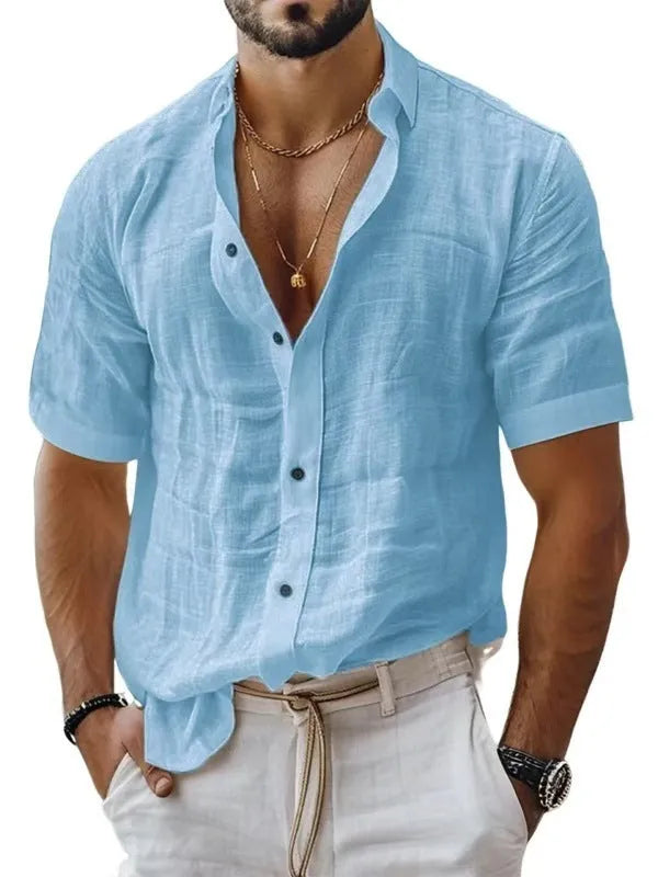 Men's short sleeve lapel shirt in polyester blend fabric showing cardigan style and lapel collar