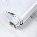 Roll of white and grey marble pattern waterproof PVC sticker for kitchen walls, showing its 2 metre length.