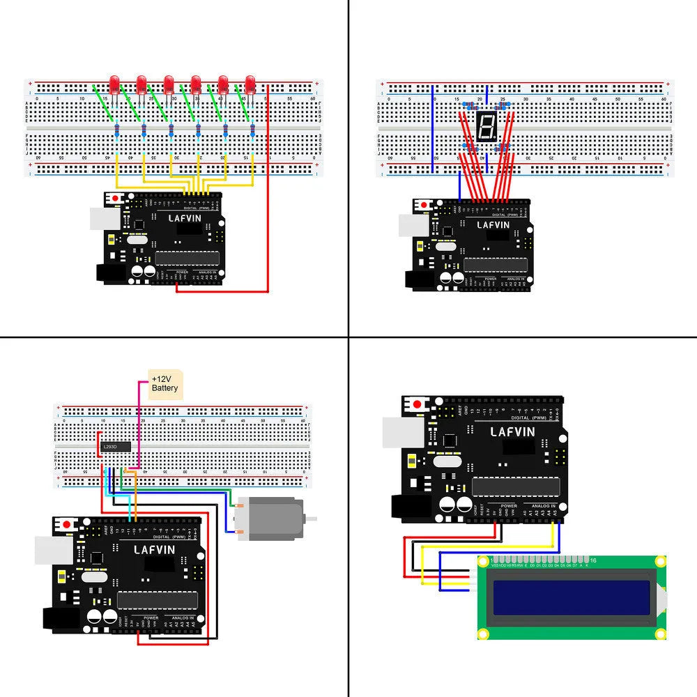 LAFVIN Arduino UNO R3 super starter kit with blue board, breadboard, and numerous electronic components.