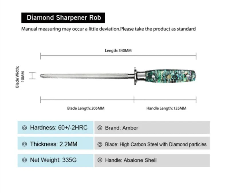 High carbon steel manual knife sharpener with abalone shell handle on a kitchen surface.