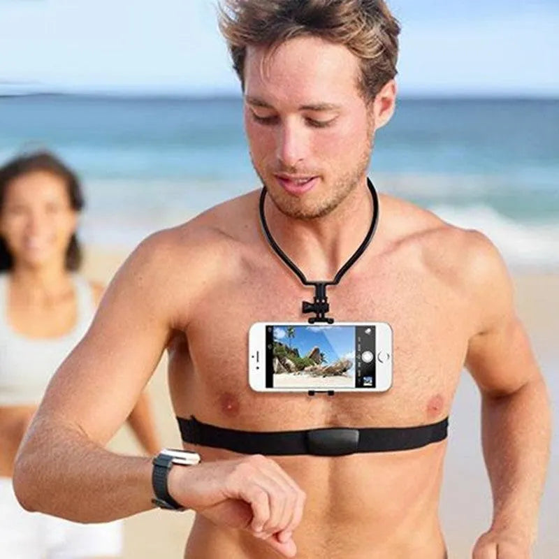 Black ABS plastic neck phone holder with adjustable mounting ring worn on a person.