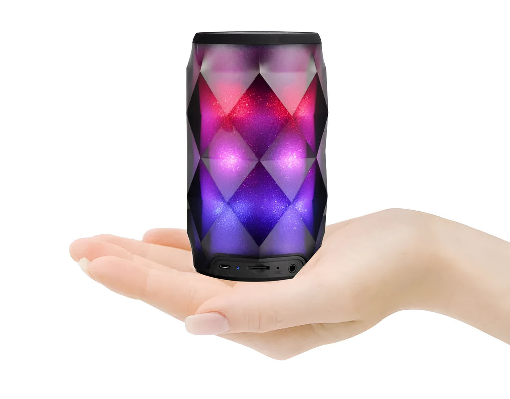 Black crystal diamond cut Coke can shaped lantern Bluetooth speaker with colourful starry sky lighting effect.