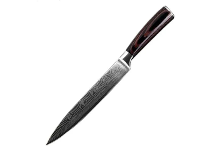 Carpenter's Special kitchen knife with laser Damascus pattern blade and coloured wood handle