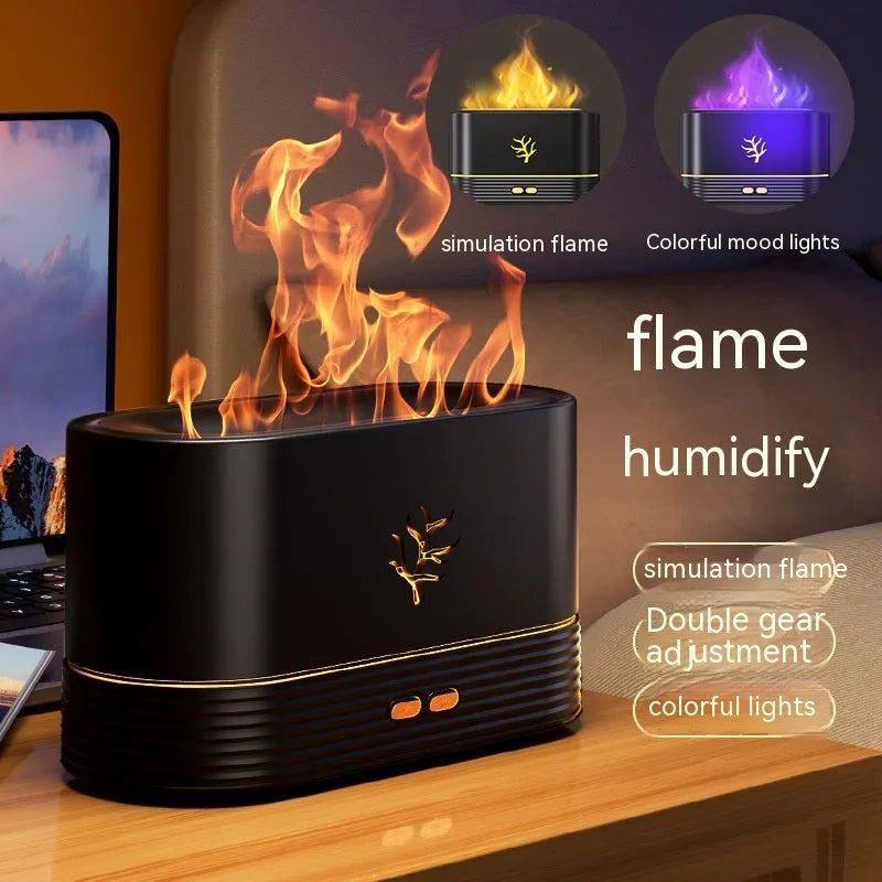 Square black or white USB flame humidifier and aroma diffuser with glowing LED fire effect.