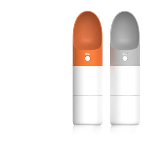 Moestar rocket-shaped pet drinking cup in white with grey accents showing water outlet and lock button