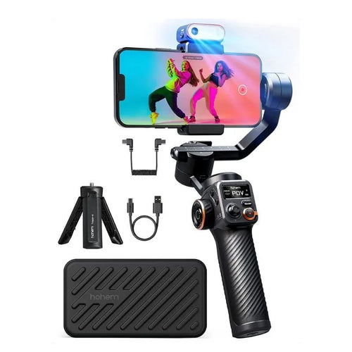 Black AI face tracking smartphone gimbal stabiliser with magnetic fill light attached and tripod extended.