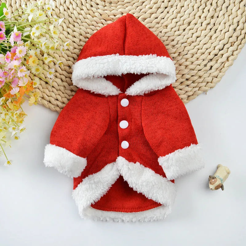 Dog Christmas sweater in pink knitted fabric, available in sizes XS to XL with size chart