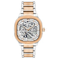 Automatic men's watch with luminous square dial on a stainless steel strap, shown in blue colour.