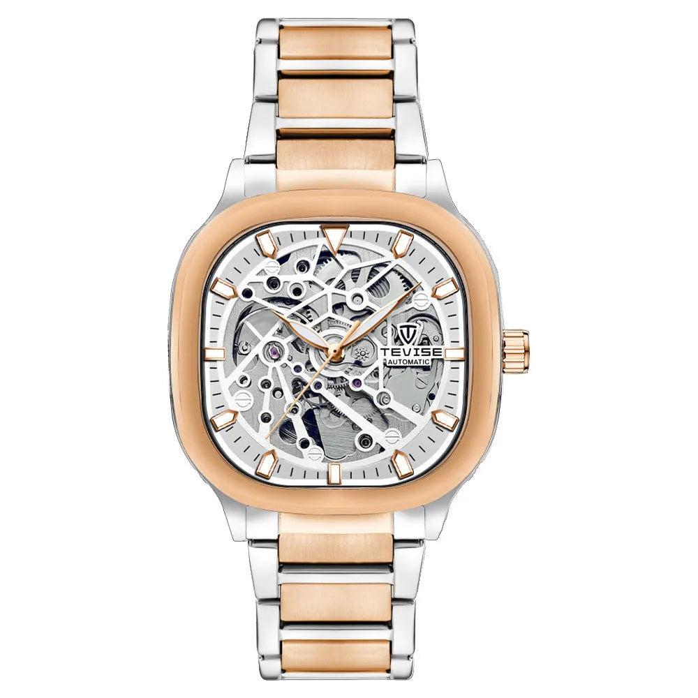 Automatic men's watch with luminous square dial on a stainless steel strap, shown in blue colour.