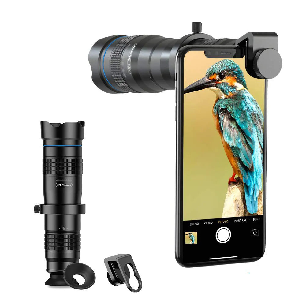 APEXEL 28 times lens black 36X magnification 199mm length multi-coated optics telephoto attachment