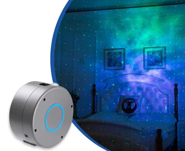 Grey starry sky projection lamp with remote control projecting coloured stars and green laser light indoors.