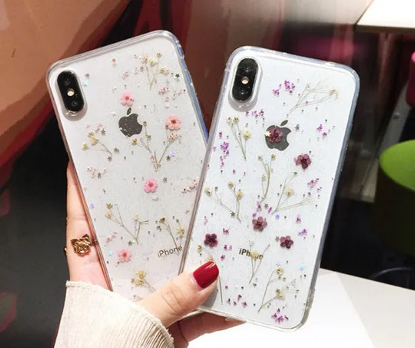 Handmade dried flower epoxy phone case with real flower specimens, TPU back cover, polka dots, Green Pink Purple Yellow