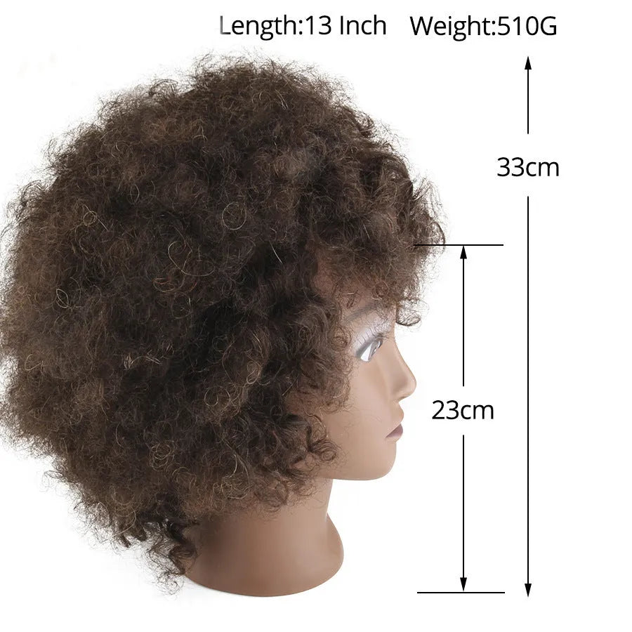 Black real human hair wig model with short harsh fluffy style on head mold base