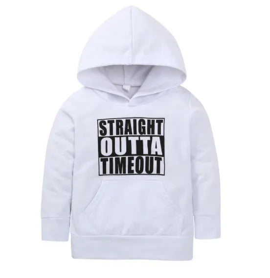 Boys' black hooded sweater with white letter pattern on front, long sleeves and pullover design