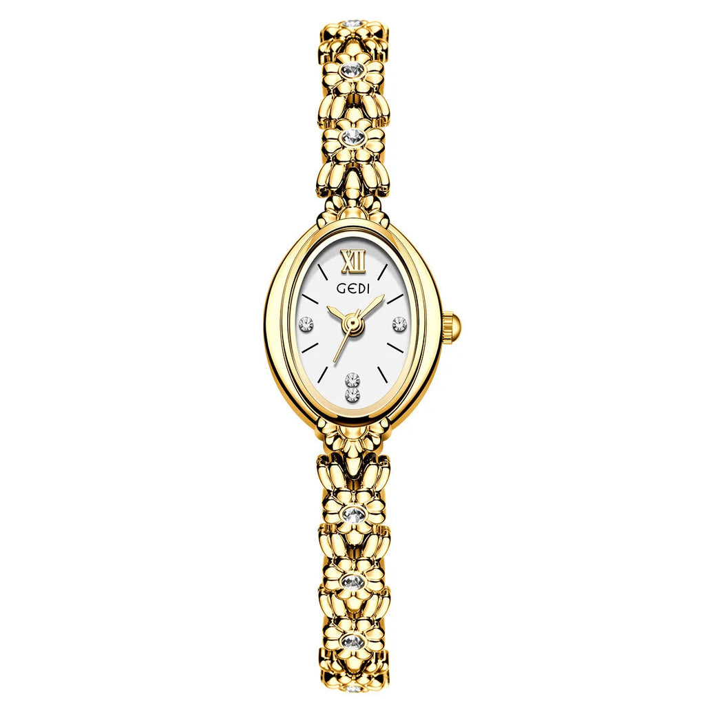 Women's compact alloy watch 8mm thick, one size, white or gold case with matching or contrasting dial and strap