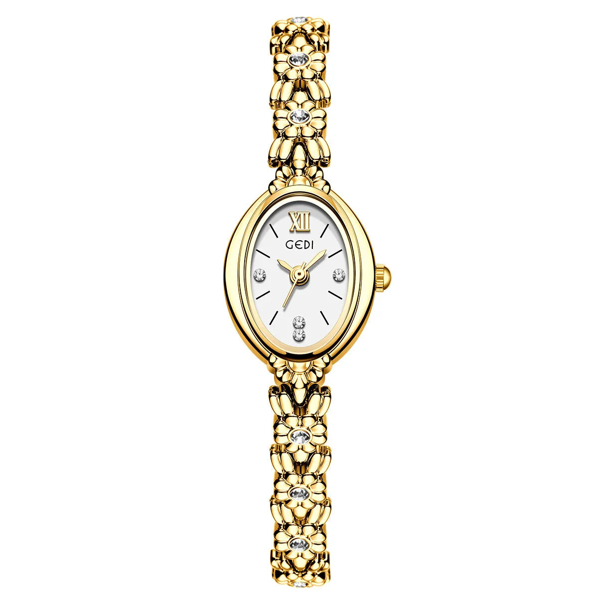 Women's compact alloy watch 8mm thick, one size, white or gold case with matching or contrasting dial and strap