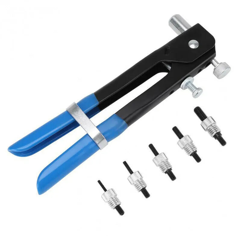 Alloy steel manual riveter tool with a selection of nut rivet fasteners from the kit.