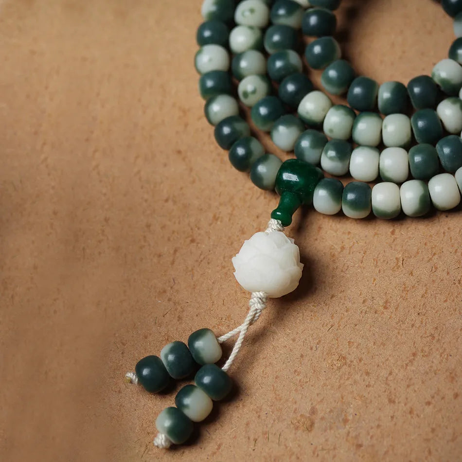 Lotus white jade bodhi root bracelet with floating flowers landscape pattern on 8 × 10mm beads