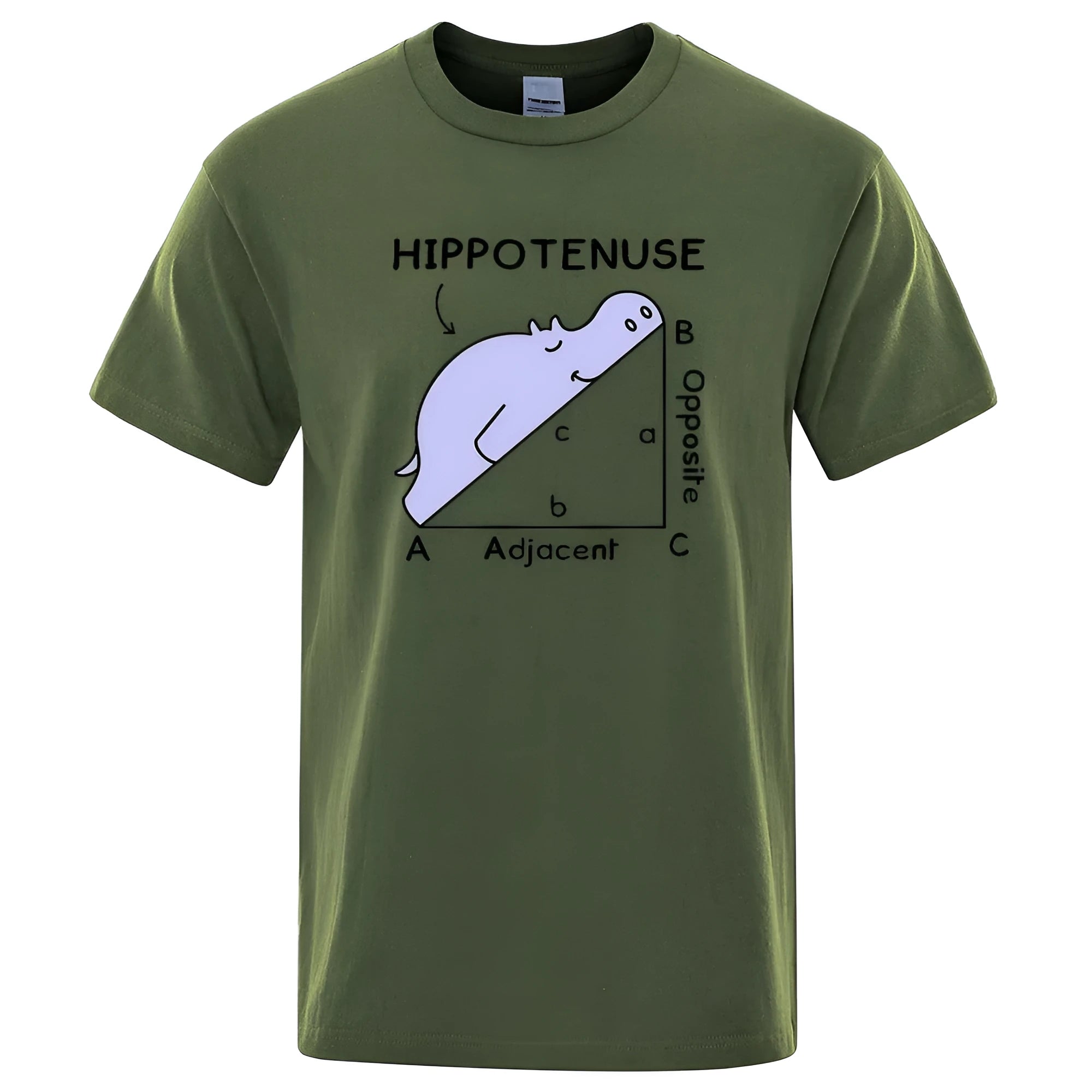 Humorous Hippotenuse Opposite Adjacent graphic printed on a loose-fit cotton T-shirt.